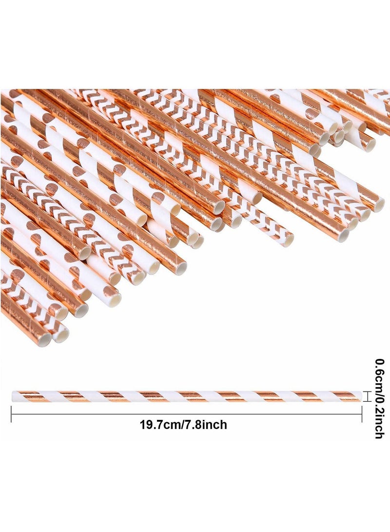 NIBEMINENT Paper Straws, Disposable Drinking Straws Biodegradable Foil Rose Gold Striped and Solid for Party Wedding Celebrations Decorations - Image 2