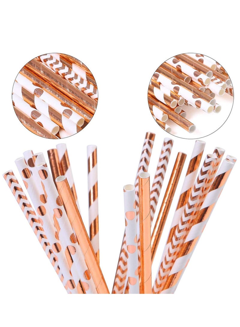 NIBEMINENT Paper Straws, Disposable Drinking Straws Biodegradable Foil Rose Gold Striped and Solid for Party Wedding Celebrations Decorations - Image 3