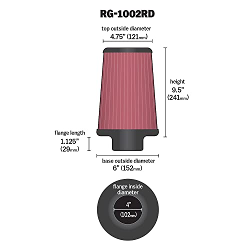 K+N K&N High-Flow Original Lifetime Universal Clamp-On Air Filter: Performance, Premium, Washable: Flange Diameter: 4 In, Filter Height: 9.5 In, Flange Length: 1.125 In, Shape: Round Tapered, RG-1002RD - Image 3