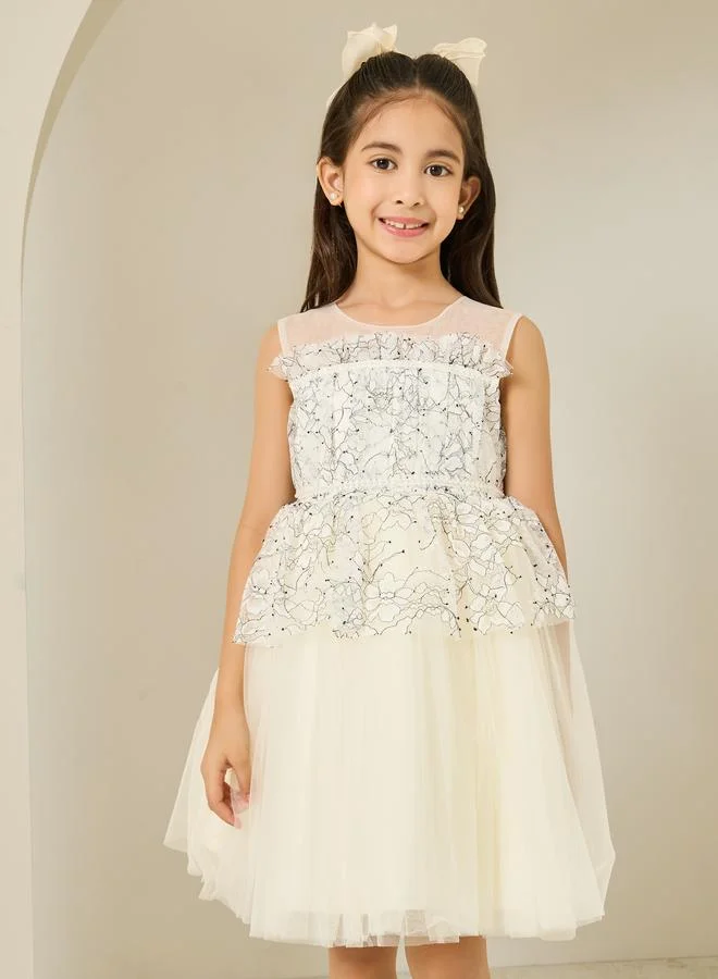 Styli Girls White Embroidered Fit and Flare Dress