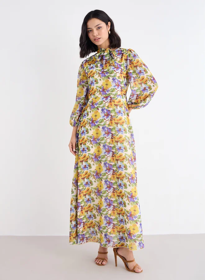 Styli Styli Tie-Up Neck All Over Print Maxi Dress