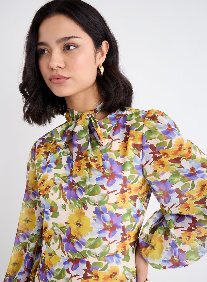 Styli Tie-Up Neck All Over Print Maxi Dress - Image 4