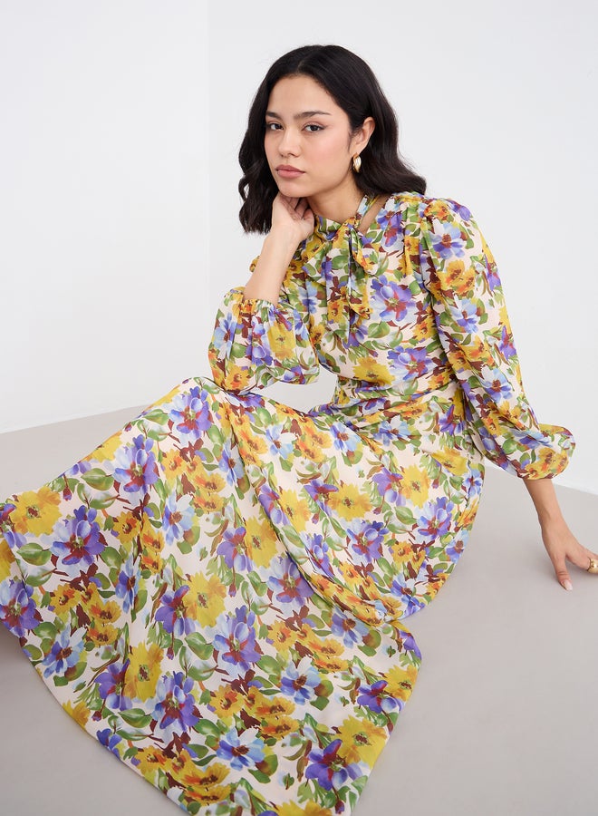 Styli Tie-Up Neck All Over Print Maxi Dress - Image 3