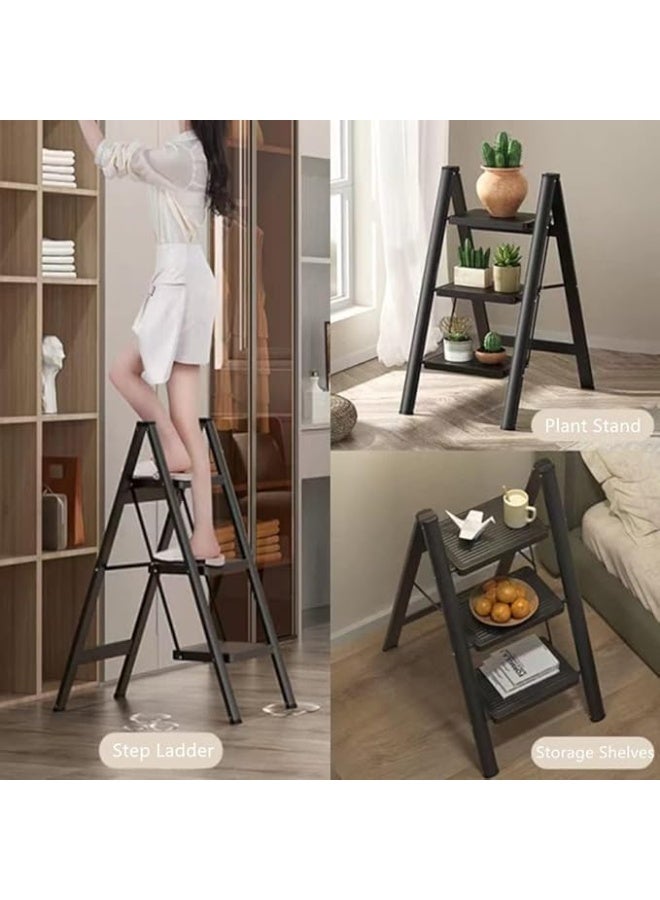 سلم ألمنيوم قابل للطي – 3 درجات، خفيف الوزن ومحمول مع دواسات مضادة للانزلاق، يتحمل حتى 150 كجم، للاستخدام المنزلي والمكتبي (أسود) - Image 2