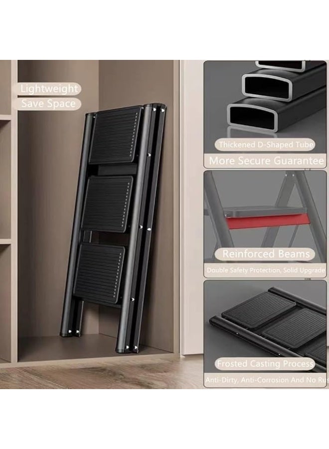 سلم ألمنيوم قابل للطي – 3 درجات، خفيف الوزن ومحمول مع دواسات مضادة للانزلاق، يتحمل حتى 150 كجم، للاستخدام المنزلي والمكتبي (أسود) - Image 4