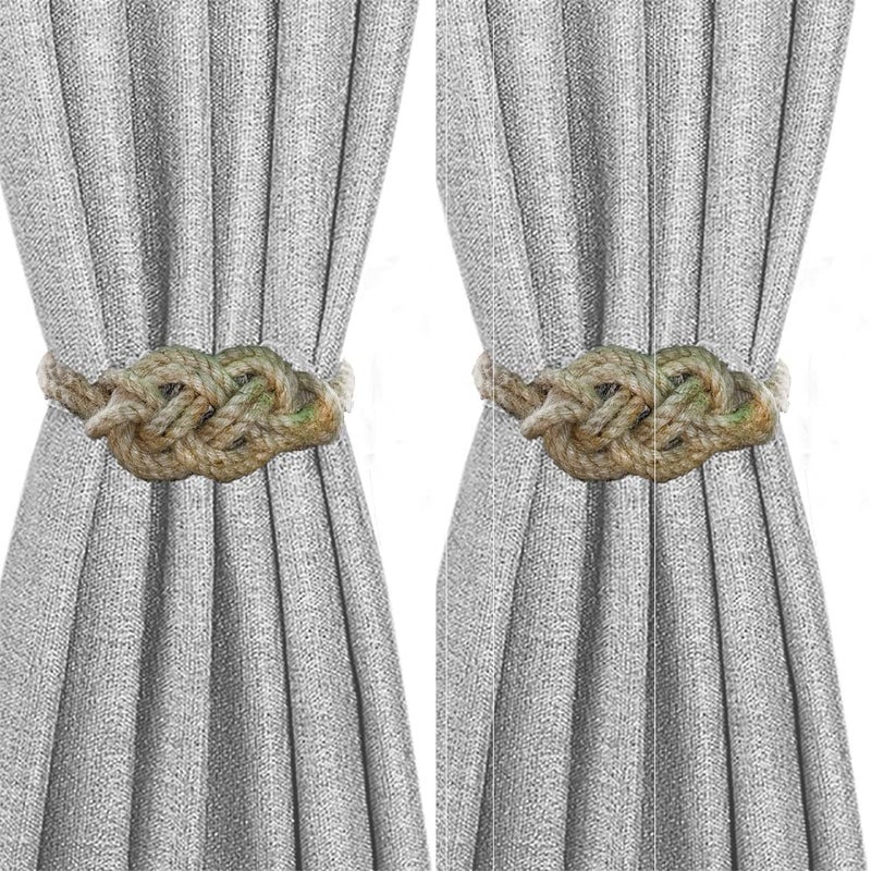TECHONIO Jute Rope Striped Curtain Tie Back Holder Holdbacks Handmade Pullback Rope Bracket Medium Brown Pack of 2  - Image 1