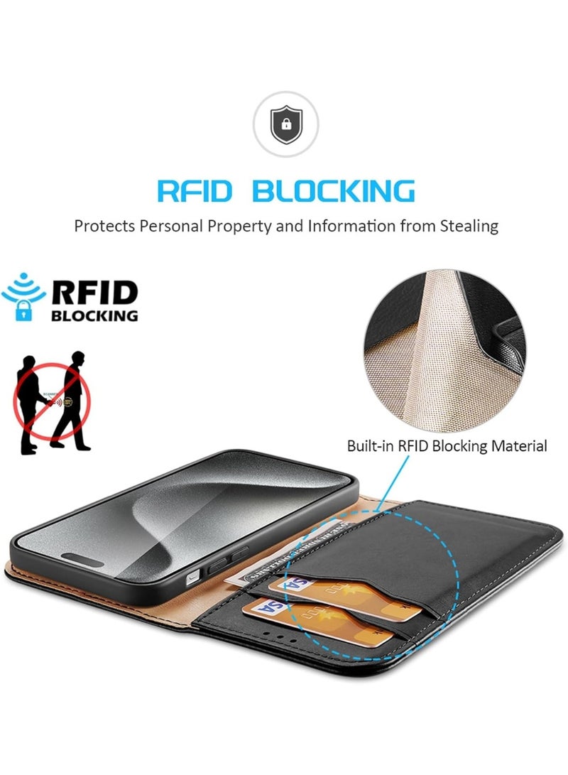 Aookay Compatible with iPhone 16 Pro Max Genuine Leather Wallet Phone Case, RFID Blocking for Case Magnetic Folio Standing Phone Case with Card Slot (Black)  - Image 3