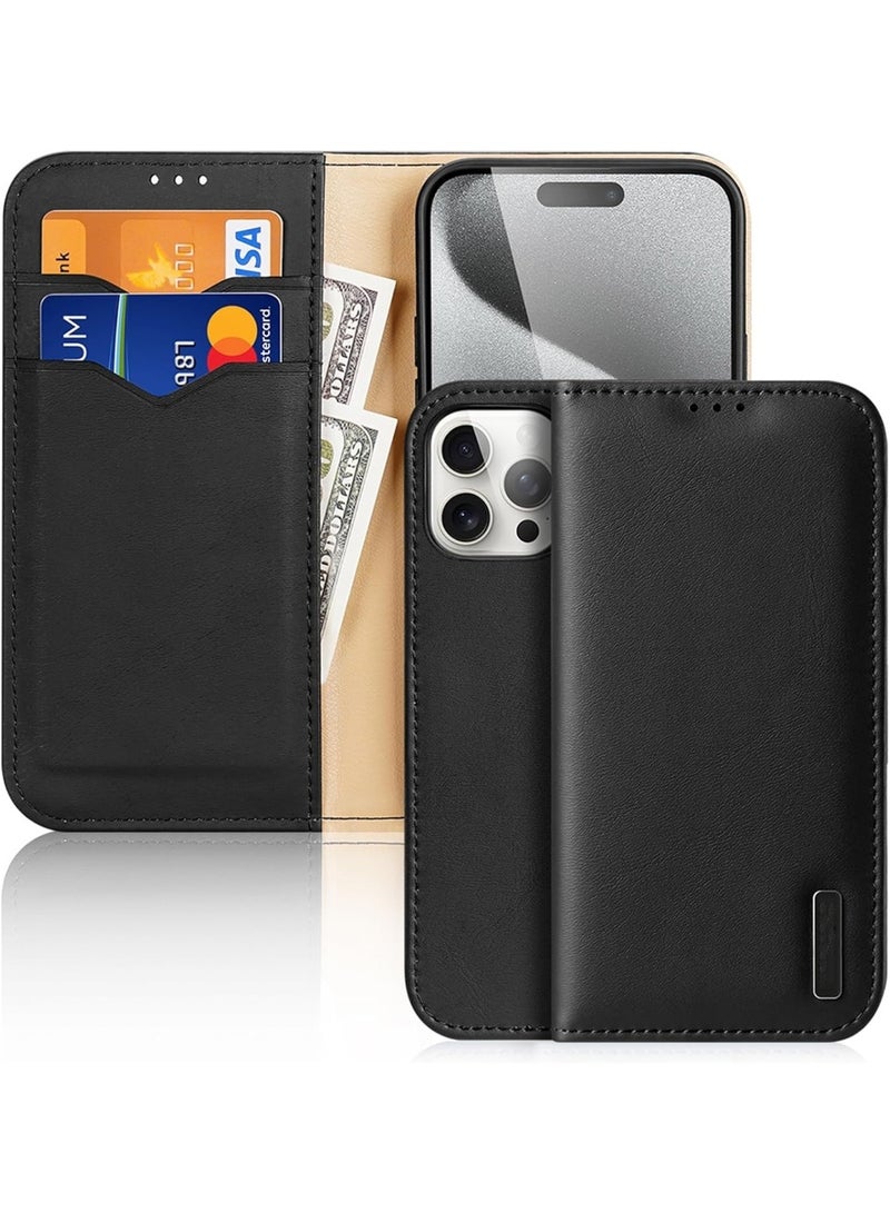 Aookay Compatible with iPhone 16 Pro Max Genuine Leather Wallet Phone Case, RFID Blocking for Case Magnetic Folio Standing Phone Case with Card Slot (Black)  - Image 1