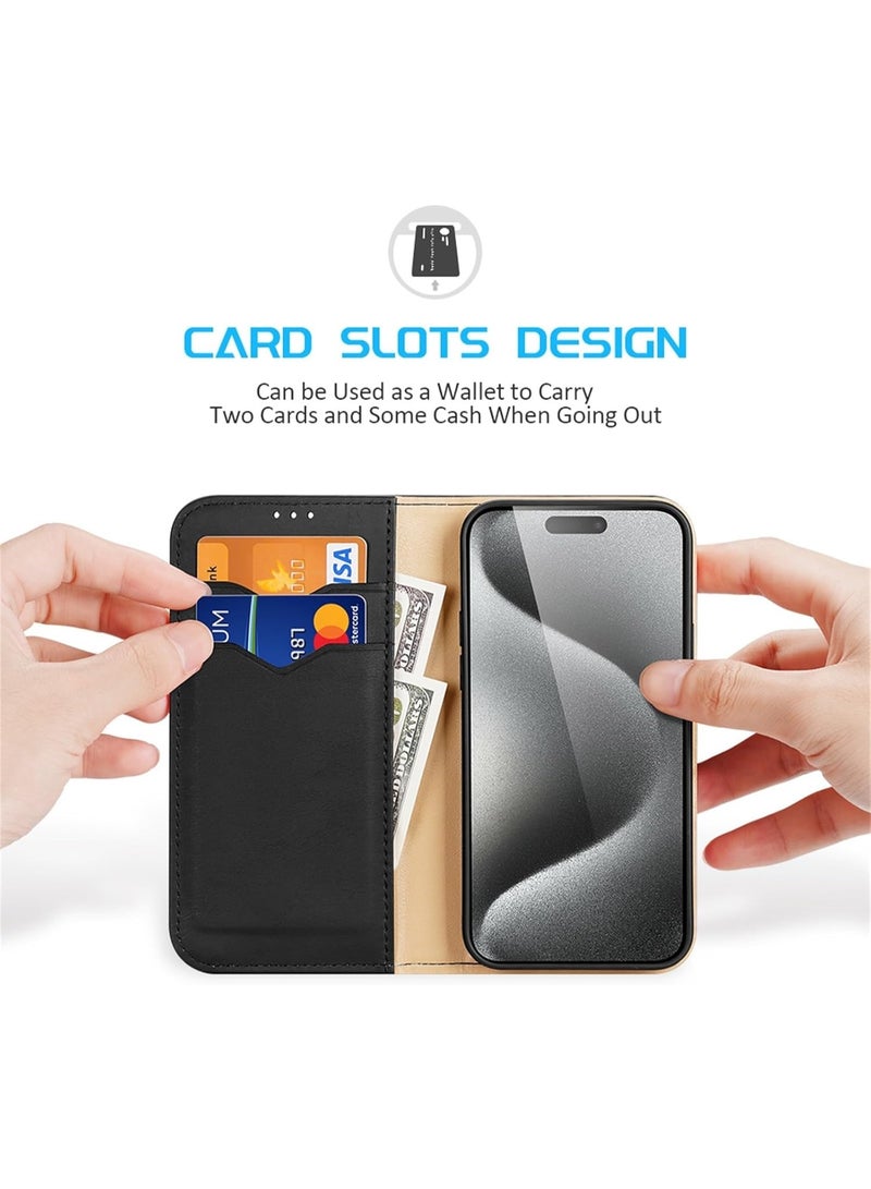 Aookay Compatible with iPhone 16 Pro Max Genuine Leather Wallet Phone Case, RFID Blocking for Case Magnetic Folio Standing Phone Case with Card Slot (Black)  - Image 2