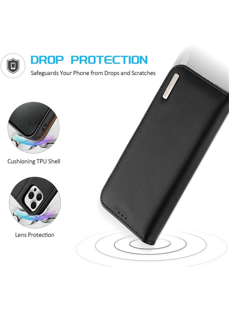 Aookay Compatible with iPhone 16 Pro Max Genuine Leather Wallet Phone Case, RFID Blocking for Case Magnetic Folio Standing Phone Case with Card Slot (Black)  - Image 4