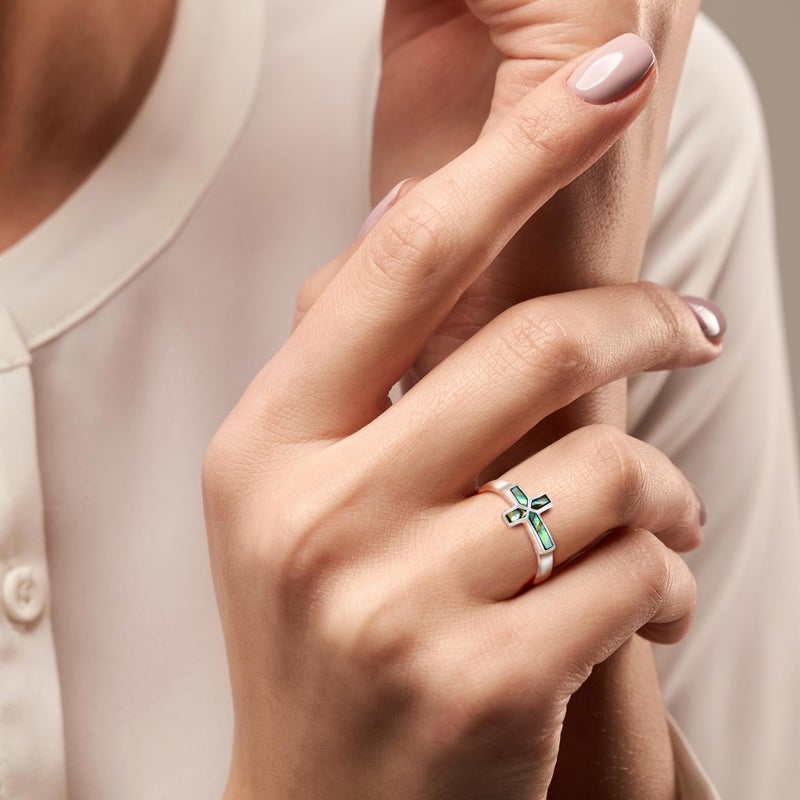 AeraVida Sideways Cross Rainbow Abalone Shell .925 Sterling Silver Ring (9) | Classic Wedding Rings For Women | Religious Ornament Silver Rings - Image 2