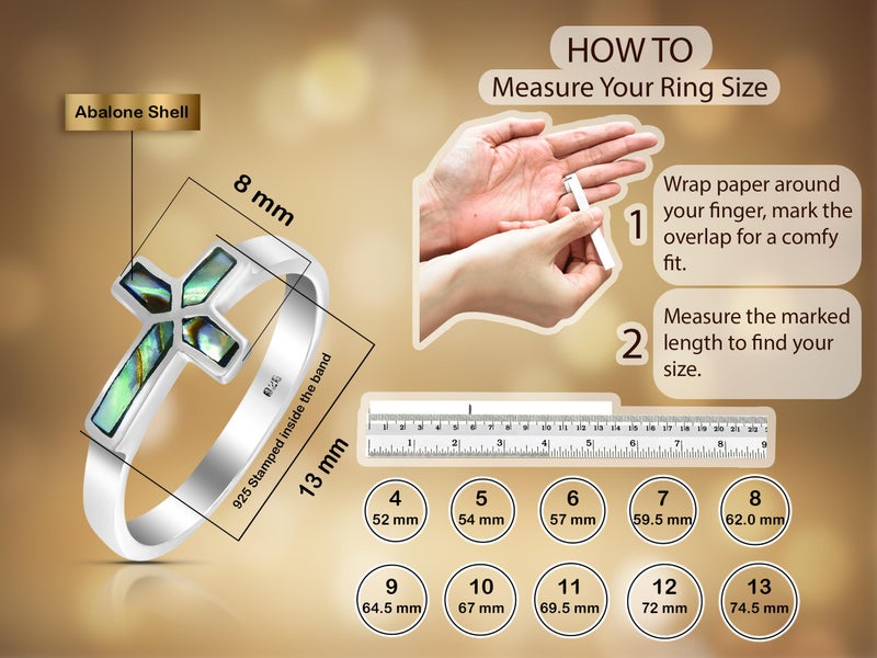 AeraVida Sideways Cross Rainbow Abalone Shell .925 Sterling Silver Ring (9) | Classic Wedding Rings For Women | Religious Ornament Silver Rings - Image 3