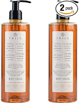Prija Skin Hair Shampoo and Shower Gel with Ginseng with 2 Practical Dispensers 2 x 380 ml Pure Vegetable Wash Lotion for Men and Women - Image 1