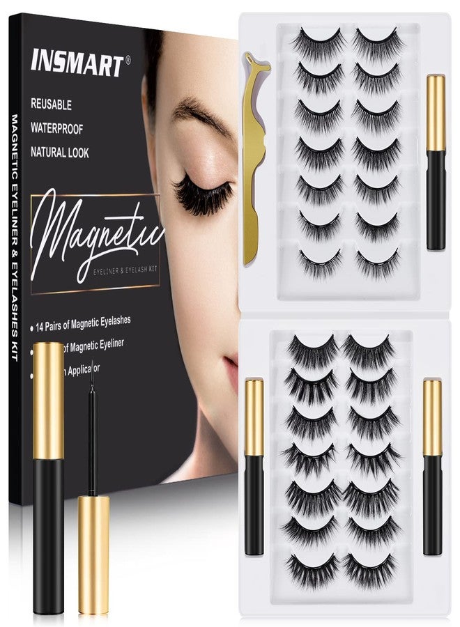 INSMART Magnetic Eyelashes, 14 Pairs False Lashes with 3 Tubes of Magnetic Eyeliner, Magnetic Lashes, Natural Look Kit with Tweezers, Reusable, No Glue - Image 1