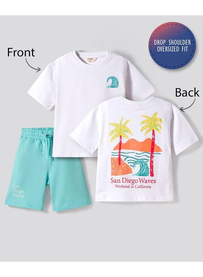 Primo Gino Primo Gino 100% Cotton French Terry Knit Oversized Beach Theme Printed T-Shirt and Shorts Set - White and Light Blue
