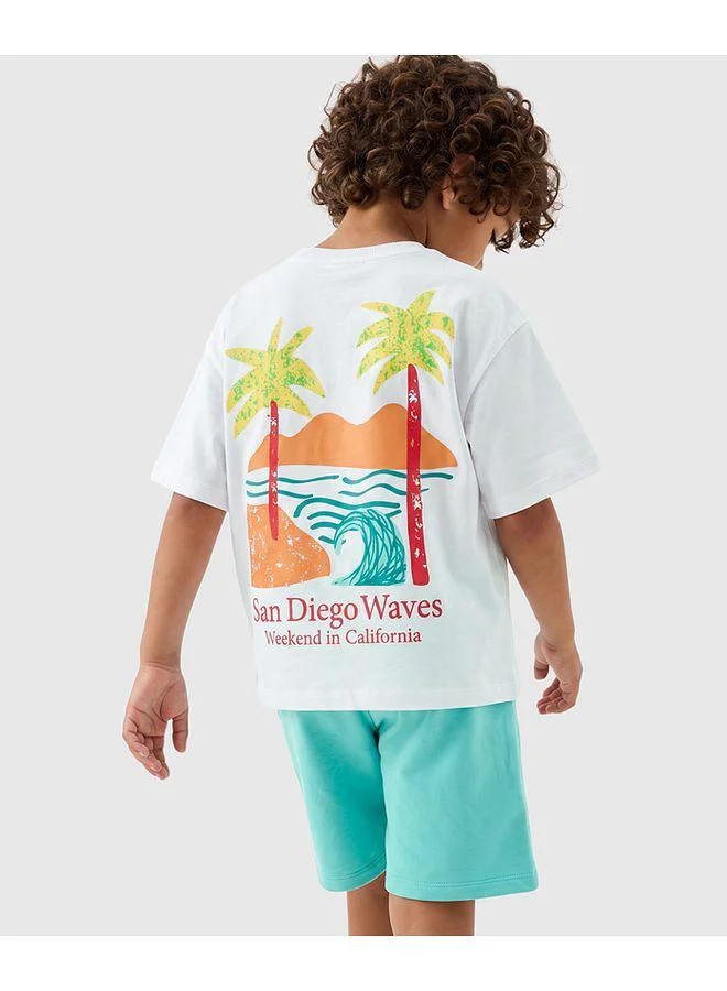 Primo Gino Primo Gino 100% Cotton French Terry Knit Oversized Beach Theme Printed T-Shirt and Shorts Set - White and Light Blue
