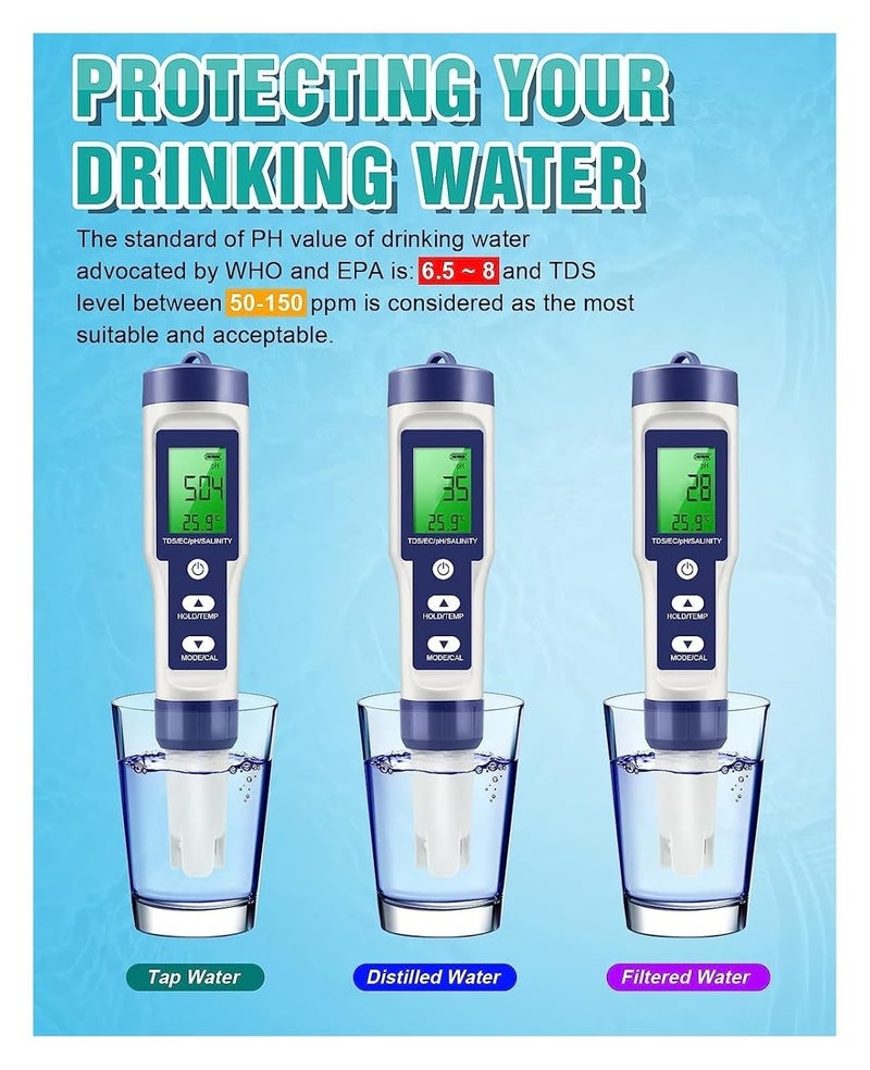 Water Detector, TDS Meter 5 in 1 PH, PH/TDS/EC/Temp/Salt 0-14, 0-20000 PPM for Drinking Water, Pool and Aquarium,for Drinking Water - Image 2