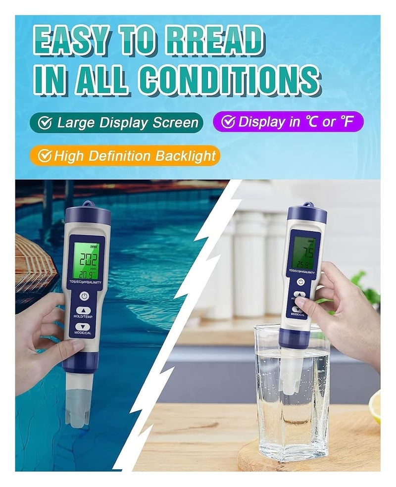 Water Detector, TDS Meter 5 in 1 PH, PH/TDS/EC/Temp/Salt 0-14, 0-20000 PPM for Drinking Water, Pool and Aquarium,for Drinking Water - Image 3