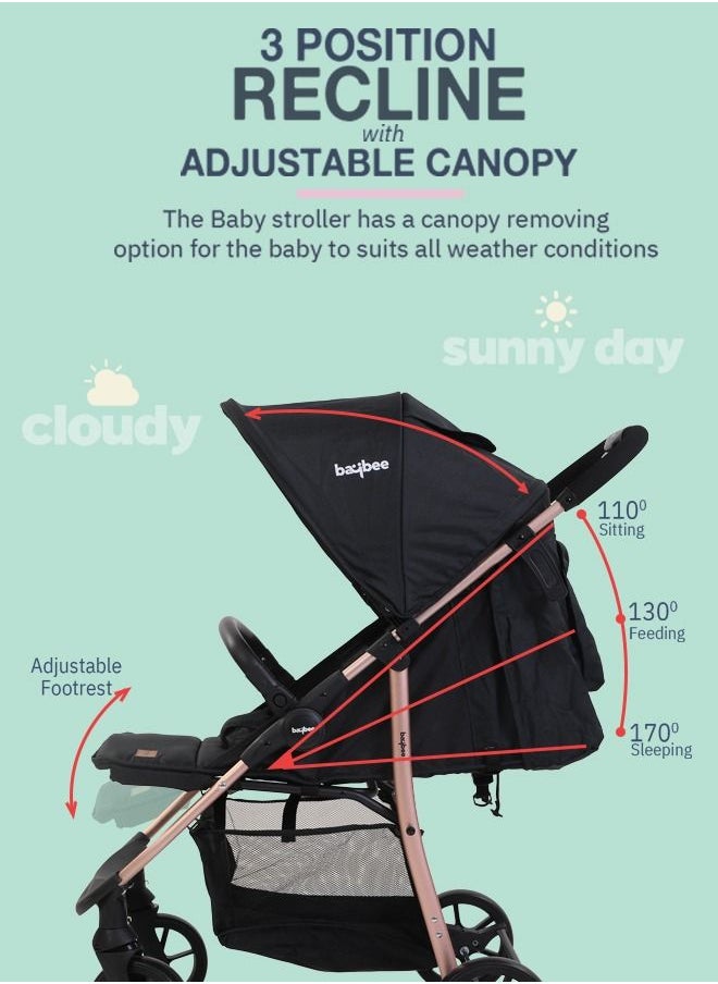 BAYBEE - Infant Baby Pram Stroller For Newborn Babies With Aluminium Frame 3 Position Adjustable Seat Canopy Bassinet Large Wheels Baby Stroller For Baby Toddlers 0 To 3 Years Boy Girl Rose Gold - Image 1