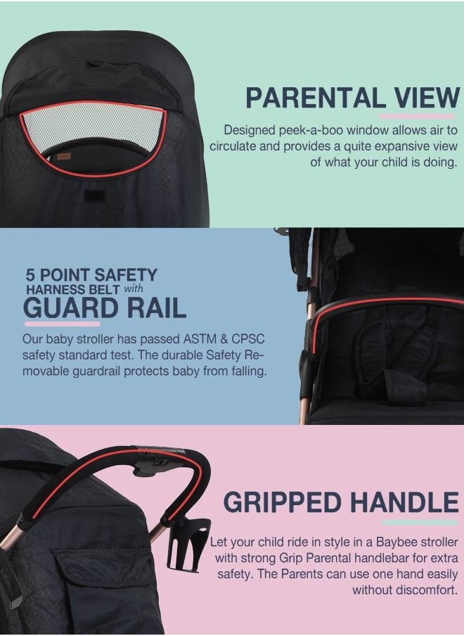 BAYBEE - Infant Baby Pram Stroller For Newborn Babies With Aluminium Frame 3 Position Adjustable Seat Canopy Bassinet Large Wheels Baby Stroller For Baby Toddlers 0 To 3 Years Boy Girl Rose Gold - Image 1