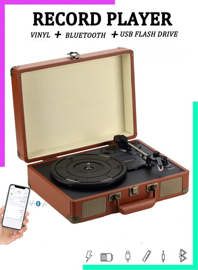 مشغل تسجيل دوار مع جهاز استقبال BT مدمج 3 سرعات حقيبة محمولة ريترو مشغل تسجيل مع مكبرات صوت مطورة صوت القرص الدوار للمنزل (بني) - Image 1