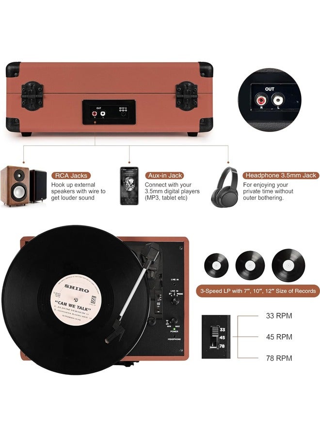 مشغل تسجيل دوار مع جهاز استقبال BT مدمج 3 سرعات حقيبة محمولة ريترو مشغل تسجيل مع مكبرات صوت مطورة صوت القرص الدوار للمنزل (بني) - Image 4