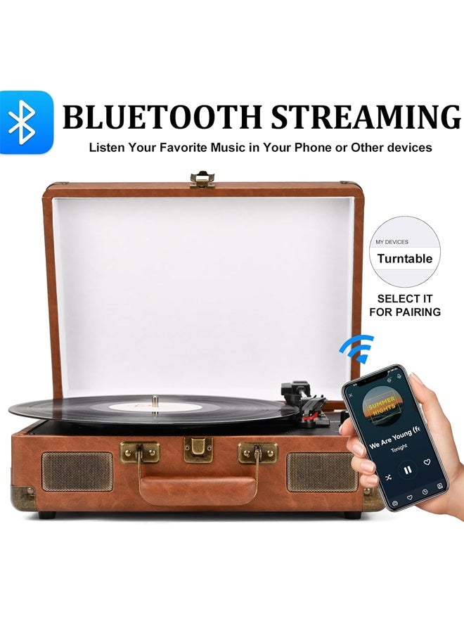 مشغل تسجيل دوار مع جهاز استقبال BT مدمج 3 سرعات حقيبة محمولة ريترو مشغل تسجيل مع مكبرات صوت مطورة صوت القرص الدوار للمنزل (بني) - Image 3