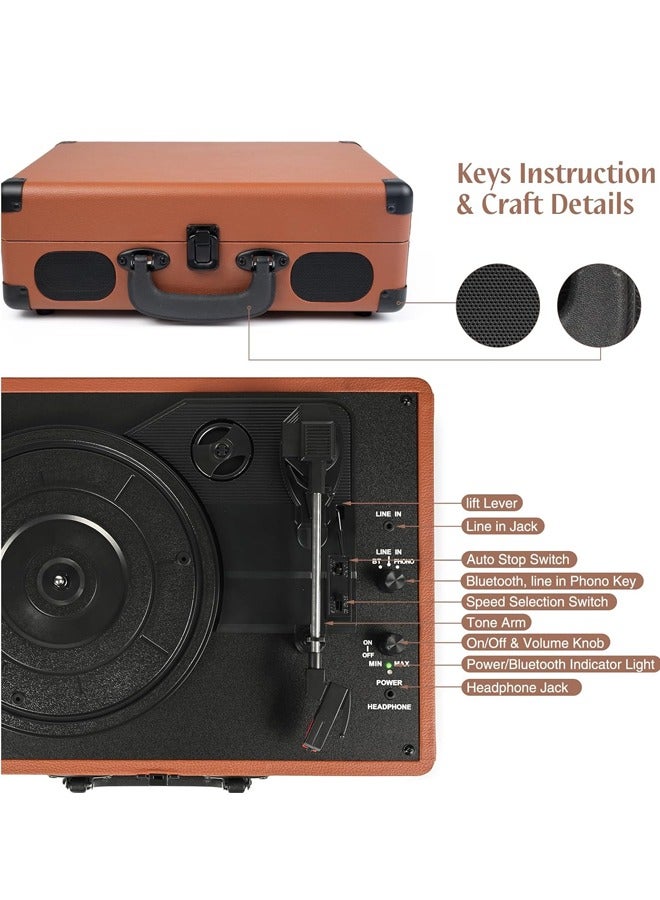 مشغل تسجيل دوار مع جهاز استقبال BT مدمج 3 سرعات حقيبة محمولة ريترو مشغل تسجيل مع مكبرات صوت مطورة صوت القرص الدوار للمنزل (بني) - Image 5