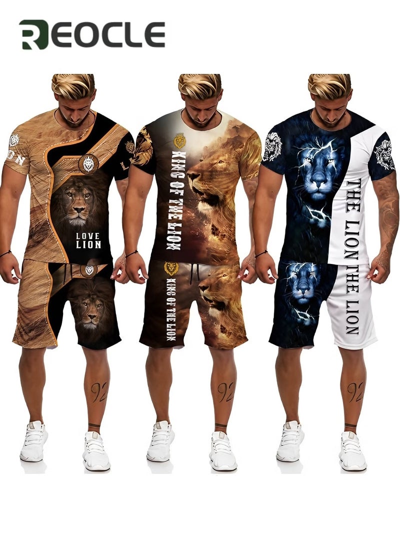 REOCLE Men's 2 Piece Outfits Shorts Tracksuit Real 3D Printed Casual Short Sleeve Crew Neck Suit Vacation Shirt and Shorts Sets - Image 5