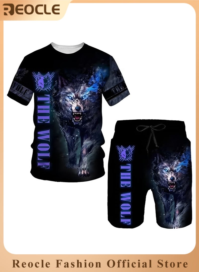 REOCLE Men's 2 Piece Outfits Shorts Tracksuit Real 3D Printed Casual Short Sleeve Crew Neck Suit Vacation Shirt and Shorts Sets - Image 1