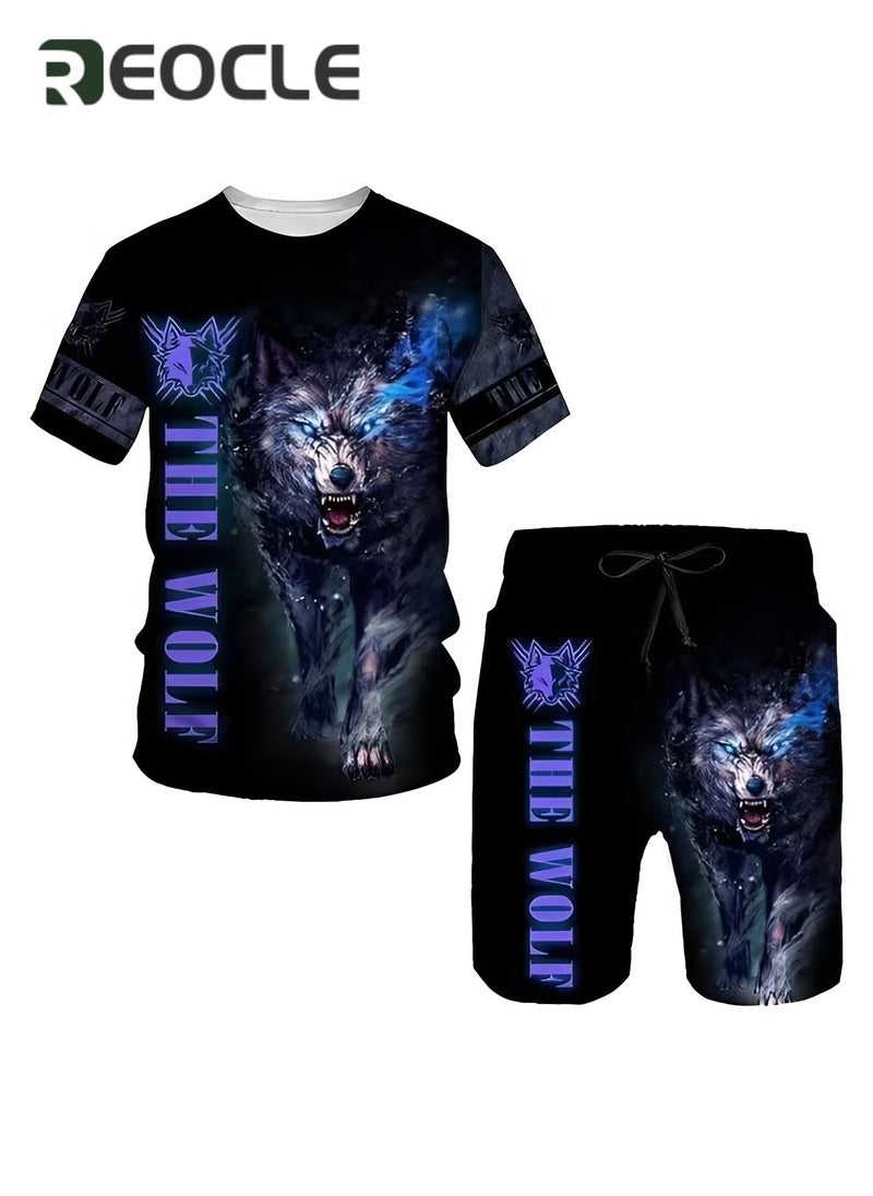 REOCLE Men's 2 Piece Outfits Shorts Tracksuit Real 3D Printed Casual Short Sleeve Crew Neck Suit Vacation Shirt and Shorts Sets - Image 2