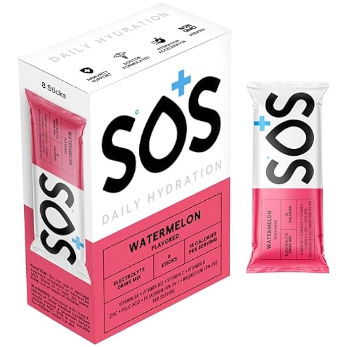 SOS Hydration Electrolyte Powder Packets, Watermelon Flavor, 8 Stick Packs – Low-Calorie, Rapid Rehydration, Made in USA, Keto & Vegan Friendly - Image 1