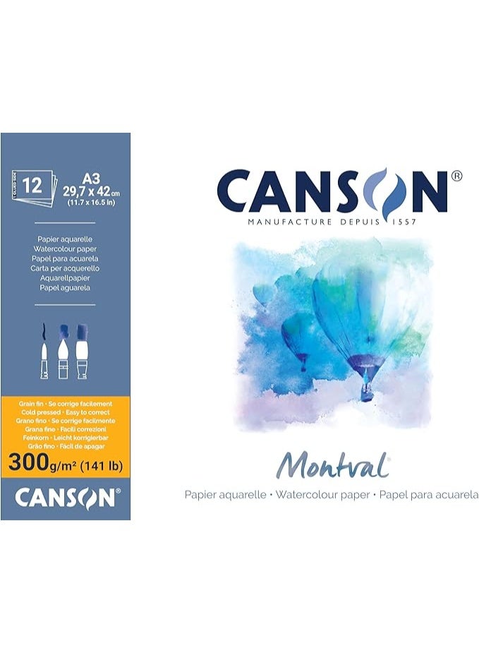 Canson Montval 300gsm watercolour practice paper pad including 12 sheets size A3 natural white and Cold Pressed - Image 1