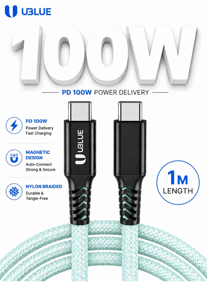 يوبلو كابل يو بي إل يو المغناطيسي من نوع USB-C إلى USB-C، شحن سريع بقوة 100 واط كحد أقصى، نقل بيانات بسرعة 480 ميجابت في الثانية، كابل مضفر من النايلون، طوله 1 متر، لونه أخضر، متوافق مع أجهزة آيفون 15/16/17 برو ماكس، وآيباد ميني 7، وماك بوك برو، وآيباد، وسامسونج S25 ألترا/S24/23 - Image 1