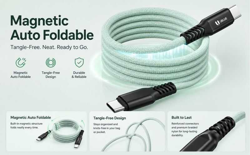 يوبلو كابل يو بي إل يو المغناطيسي من نوع USB-C إلى USB-C، شحن سريع بقوة 100 واط كحد أقصى، نقل بيانات بسرعة 480 ميجابت في الثانية، كابل مضفر من النايلون، طوله 1 متر، لونه أخضر، متوافق مع أجهزة آيفون 15/16/17 برو ماكس، وآيباد ميني 7، وماك بوك برو، وآيباد، وسامسونج S25 ألترا/S24/23 - Image 5