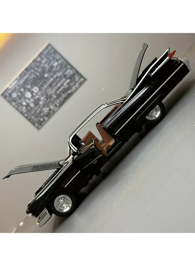 Cadillac Eldorado model car, 1:32 scale, black color, with openable doors, hood and trunk. The car simulates reality in its exterior details and interior decorations, especially the high rear fins with lighting. This car was a symbol of luxury in the fifties. A beautiful looking car from the old car models. It is useful for playing or decorating the room or office or placing it as a decoration on the shelves of the council or for lovers and enthusiasts of collecting cars or amateur artists in the manufacture of old models and old popular antique houses or for professional photographers for advertisements or backgrounds or adding it inside a masterpiece model of an artwork or a gift for a loved one, for parents or children or a gift for someone who drove the same car and now owns it - Image 5
