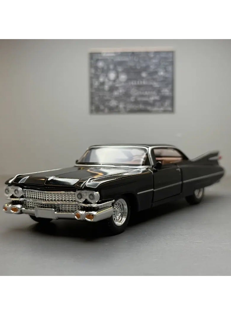Cadillac Eldorado model car, 1:32 scale, black color, with openable doors, hood and trunk. The car simulates reality in its exterior details and interior decorations, especially the high rear fins with lighting. This car was a symbol of luxury in the fifties. A beautiful looking car from the old car models. It is useful for playing or decorating the room or office or placing it as a decoration on the shelves of the council or for lovers and enthusiasts of collecting cars or amateur artists in the manufacture of old models and old popular antique houses or for professional photographers for advertisements or backgrounds or adding it inside a masterpiece model of an artwork or a gift for a loved one, for parents or children or a gift for someone who drove the same car and now owns it - Image 1