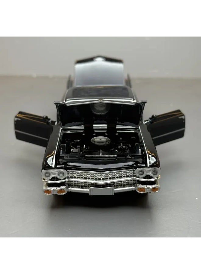 Cadillac Eldorado model car, 1:32 scale, black color, with openable doors, hood and trunk. The car simulates reality in its exterior details and interior decorations, especially the high rear fins with lighting. This car was a symbol of luxury in the fifties. A beautiful looking car from the old car models. It is useful for playing or decorating the room or office or placing it as a decoration on the shelves of the council or for lovers and enthusiasts of collecting cars or amateur artists in the manufacture of old models and old popular antique houses or for professional photographers for advertisements or backgrounds or adding it inside a masterpiece model of an artwork or a gift for a loved one, for parents or children or a gift for someone who drove the same car and now owns it - Image 4
