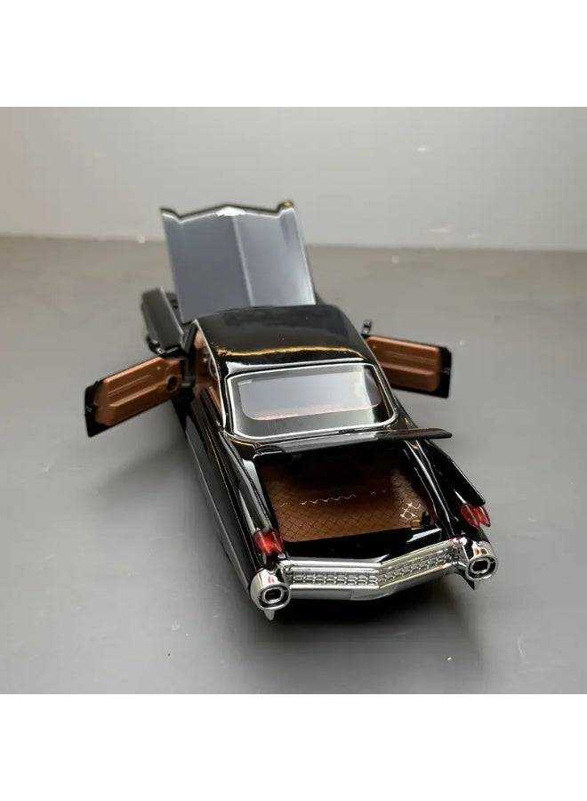 Cadillac Eldorado model car, 1:32 scale, black color, with openable doors, hood and trunk. The car simulates reality in its exterior details and interior decorations, especially the high rear fins with lighting. This car was a symbol of luxury in the fifties. A beautiful looking car from the old car models. It is useful for playing or decorating the room or office or placing it as a decoration on the shelves of the council or for lovers and enthusiasts of collecting cars or amateur artists in the manufacture of old models and old popular antique houses or for professional photographers for advertisements or backgrounds or adding it inside a masterpiece model of an artwork or a gift for a loved one, for parents or children or a gift for someone who drove the same car and now owns it - Image 3