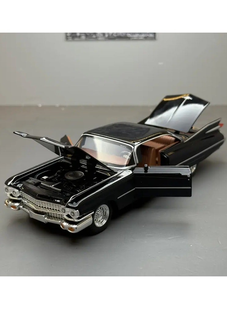 Cadillac Eldorado model car, 1:32 scale, black color, with openable doors, hood and trunk. The car simulates reality in its exterior details and interior decorations, especially the high rear fins with lighting. This car was a symbol of luxury in the fifties. A beautiful looking car from the old car models. It is useful for playing or decorating the room or office or placing it as a decoration on the shelves of the council or for lovers and enthusiasts of collecting cars or amateur artists in the manufacture of old models and old popular antique houses or for professional photographers for advertisements or backgrounds or adding it inside a masterpiece model of an artwork or a gift for a loved one, for parents or children or a gift for someone who drove the same car and now owns it - Image 2