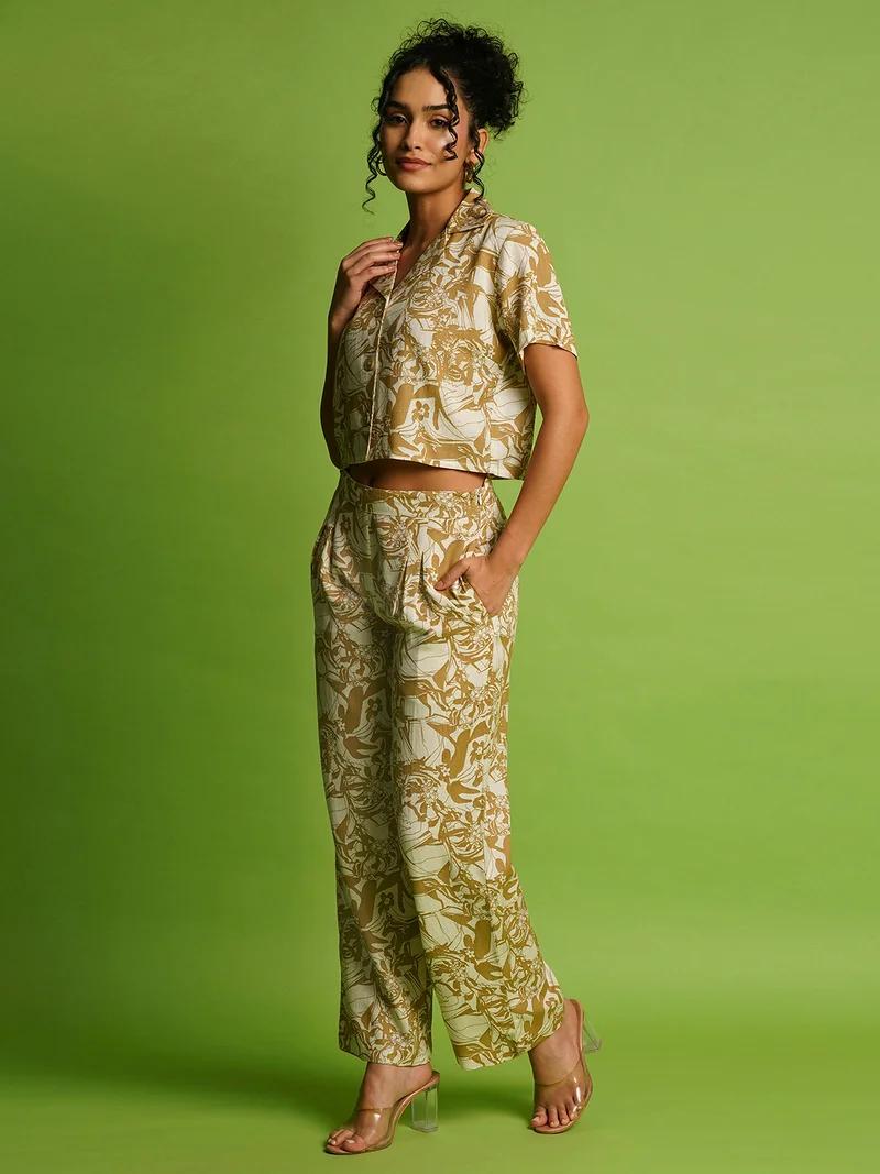 globus Globus Women Beige & Olive Green Abstract Printed Cuban Collar Linen Crop Shirt With Trousers