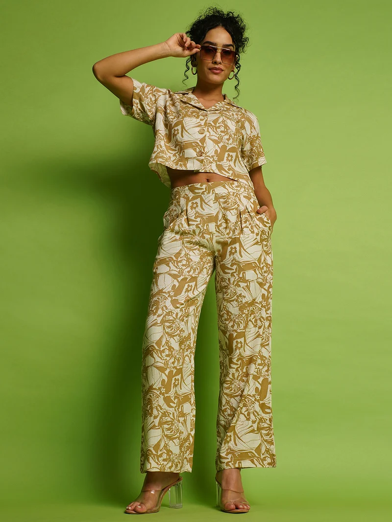 globus Globus Women Beige & Olive Green Abstract Printed Cuban Collar Linen Crop Shirt With Trousers