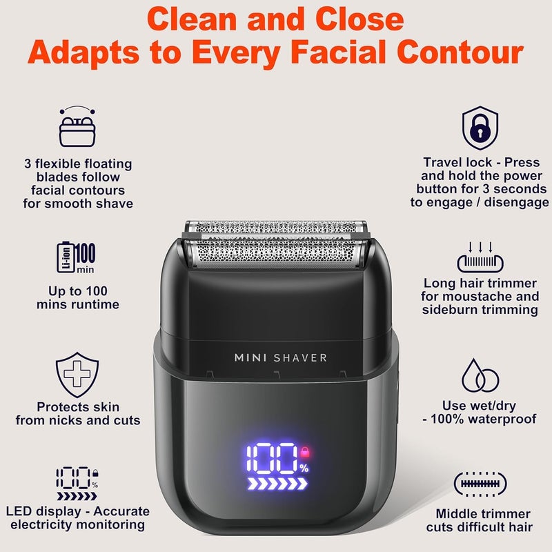 Telfun Mini Electric Foil Shavers for Men, Portable Men's Travel Facial Hair Groomer, USB-C Electric Beard Shaver with Full Body Waterproof & Big LED Display, Close Face Shaver for Head, Beard, & Neck - Image 3