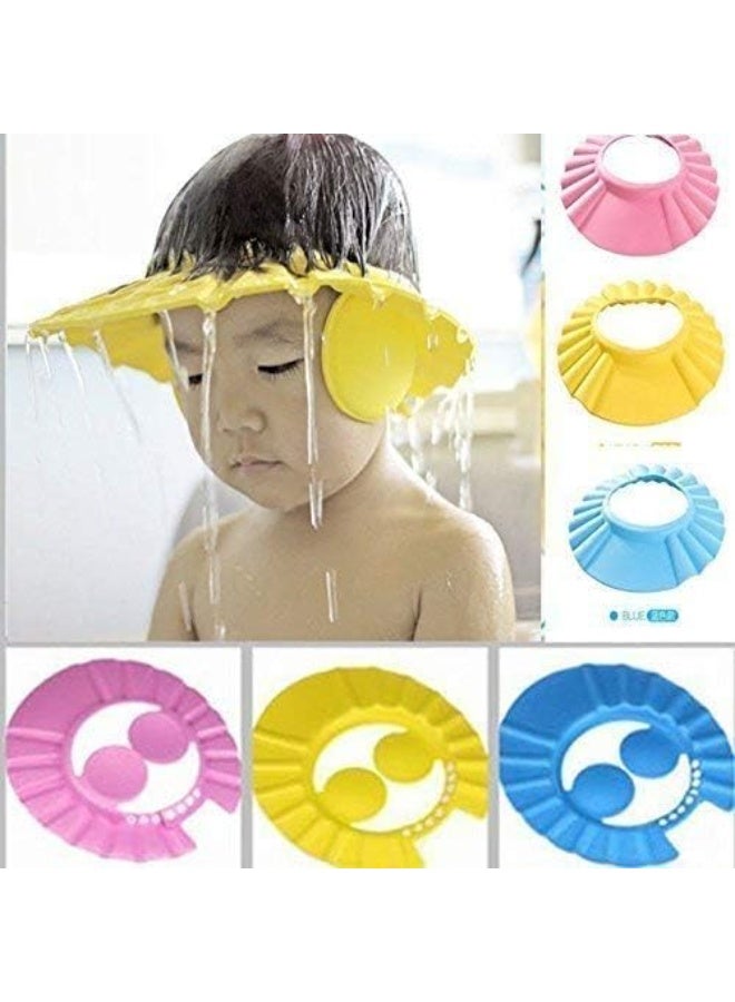 Imported children's bath cap set consisting of three pieces in different colors: yellow, pink, and blue. These children's bath caps protect the eyes and ears. - Image 1