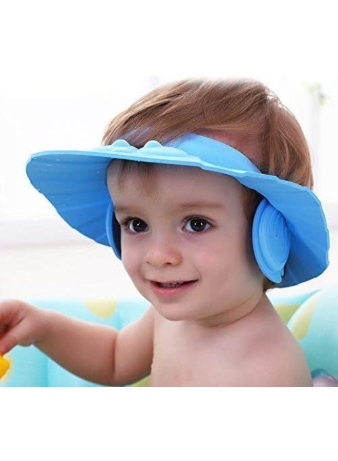 Imported children's bath cap set consisting of three pieces in different colors: yellow, pink, and blue. These children's bath caps protect the eyes and ears. - Image 4