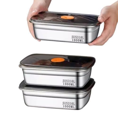 SOLIGT Fridge Storage Box 316 Stainless Steel Food Storage Containers | Food Grade, Leakproof Kitchen Organizer | Freshness Locking, Microwavable & Freezer Safe, Silver With Lid (1000 Ml 3 Pcs) - Image 1