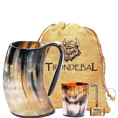 Trondebal Viking Drinking Horn Mug, 15-20 Oz Natural Ox Horn Cup & Cofee Stein | Cool Unique Gift for Men and Women, Home Decor Accessories | Shot Glasses for Beer, Ale, Whiskey, Mead - Image 1