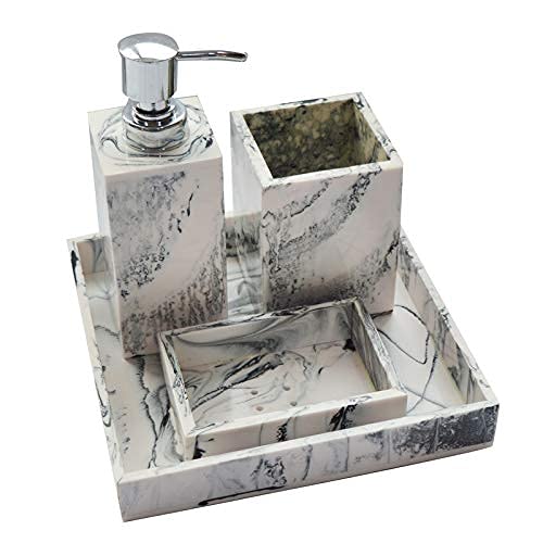 Tranquil Square Resin Bathroom Accessory Set Soap Holder, Dispenser, Tumbler and Tray Set of 4 White and Black Large Size - Image 2