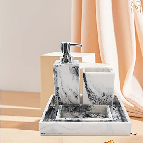 Tranquil Square Resin Bathroom Accessory Set Soap Holder, Dispenser, Tumbler and Tray Set of 4 White and Black Large Size - Image 1
