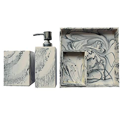 Tranquil Square Resin Bathroom Accessory Set Soap Holder, Dispenser, Tumbler and Tray Set of 4 White and Black Large Size - Image 4